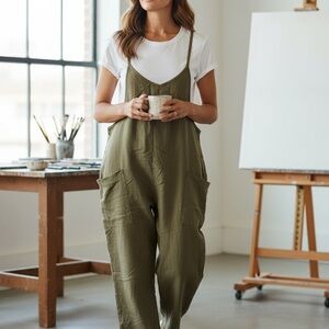 OUFEIYA Olive Wide-Leg Pocket Overalls — Size 2XL / large 12
